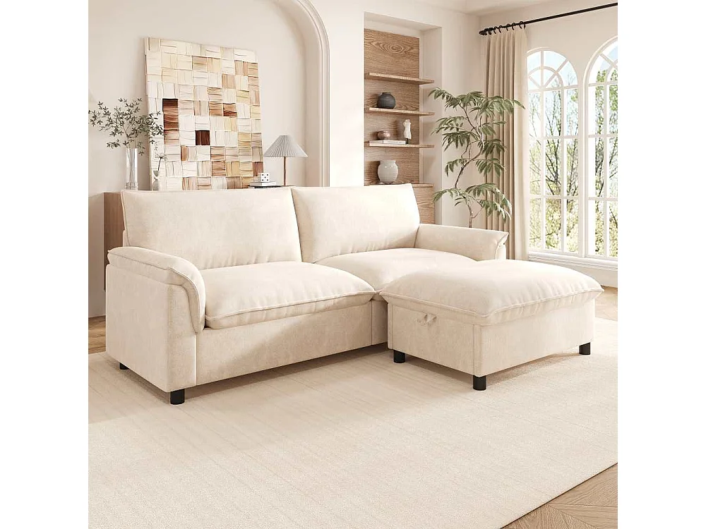 Canapé Cloud Modulare in Chenille con Pouf Mobile Contenitore e Seduta Profonda, 216×82×77 cm