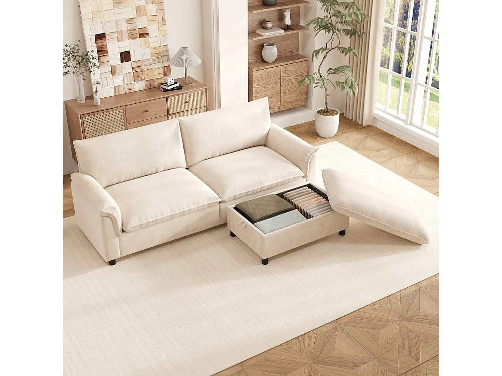 Canapé Cloud Modulare in Chenille con Pouf Mobile Contenitore e Seduta Profonda, 216×82×77 cm
