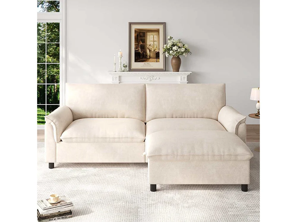 Canapé Cloud Modulare in Chenille con Pouf Mobile Contenitore e Seduta Profonda, 216×82×77 cm