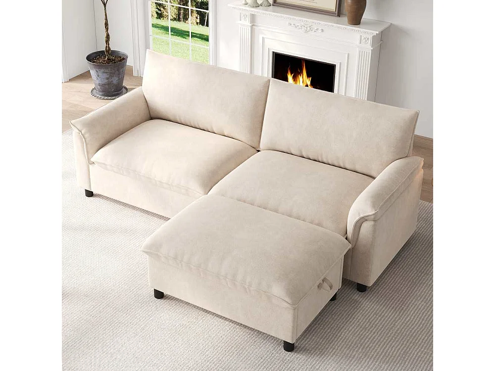 Canapé Cloud Modulare in Chenille con Pouf Mobile Contenitore e Seduta Profonda, 216×82×77 cm
