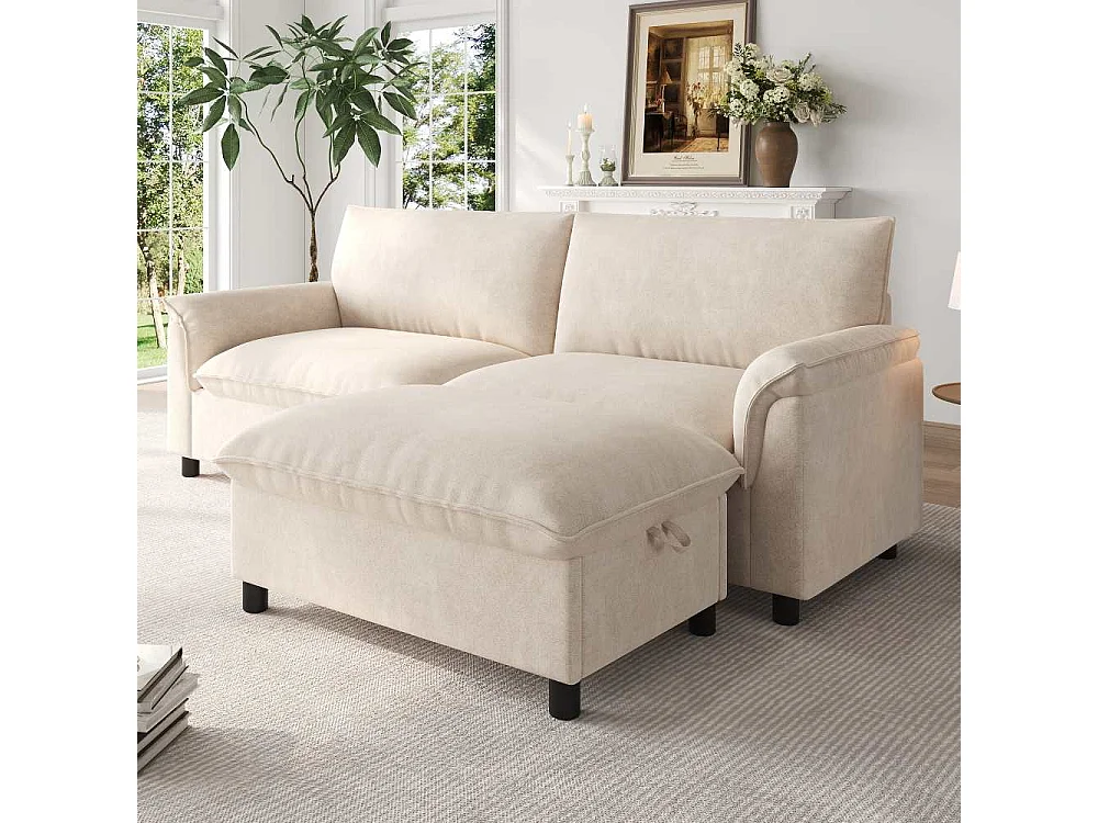 Canapé Cloud Modulare in Chenille con Pouf Mobile Contenitore e Seduta Profonda, 216×82×77 cm