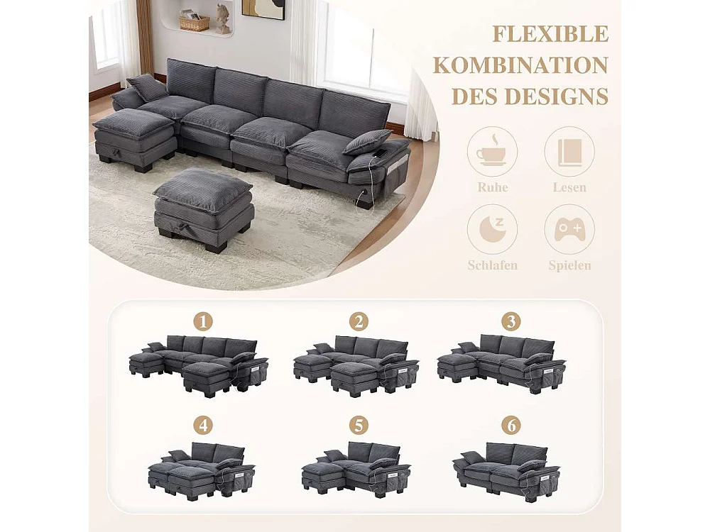 Modulares 4-Sitzer-Sofa mit 2 Poufs – breiter ergonomischer Sitz, hochdichter Schaumstoff, integrierter USB-C und Seitentaschen