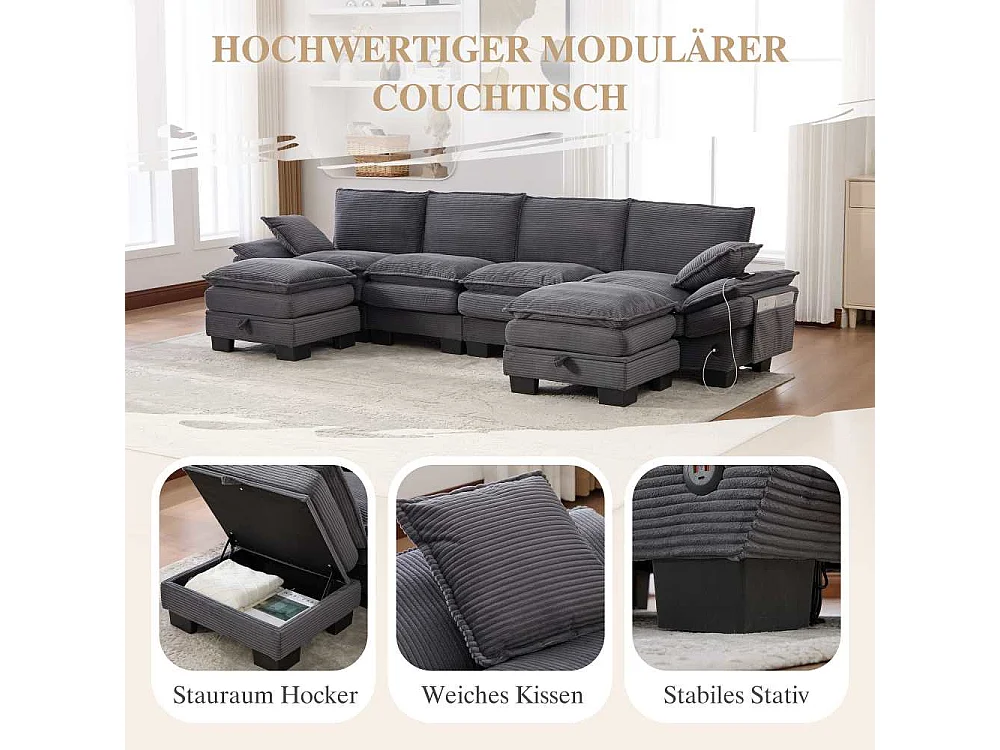 Modulares 4-Sitzer-Sofa mit 2 Poufs – breiter ergonomischer Sitz, hochdichter Schaumstoff, integrierter USB-C und Seitentaschen