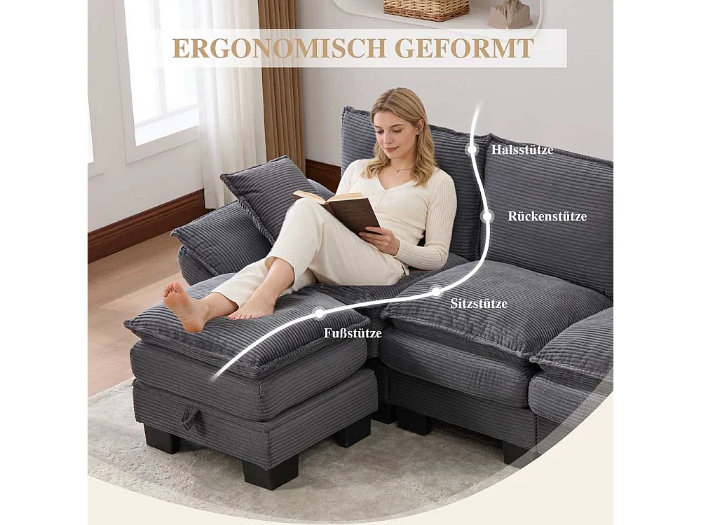 Modulares 4-Sitzer-Sofa mit 2 Poufs – breiter ergonomischer Sitz, hochdichter Schaumstoff, integrierter USB-C und Seitentaschen