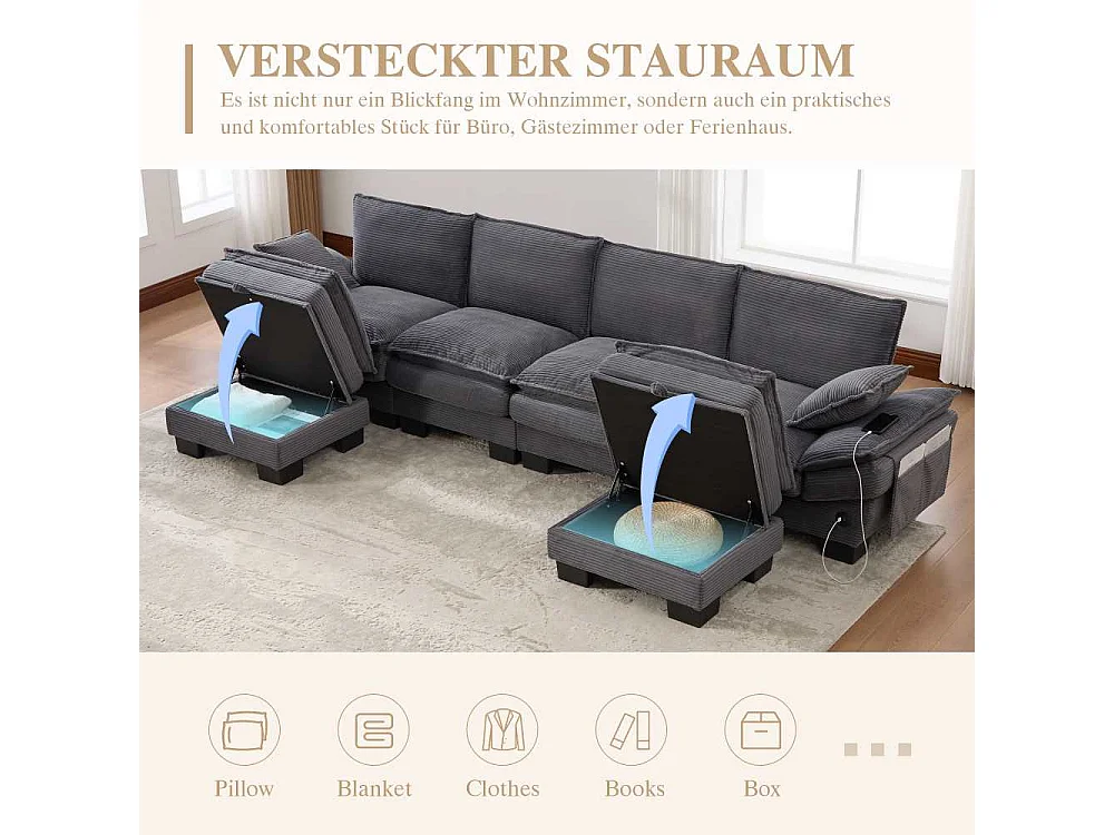 Modulares 4-Sitzer-Sofa mit 2 Poufs – breiter ergonomischer Sitz, hochdichter Schaumstoff, integrierter USB-C und Seitentaschen
