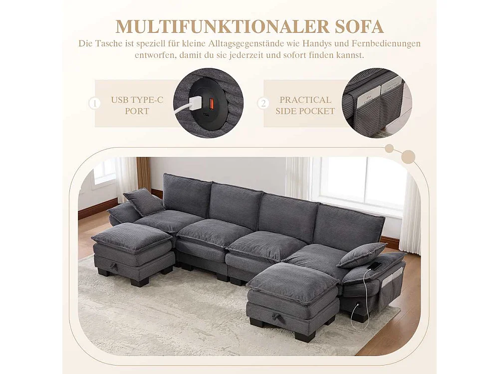 Modulares 4-Sitzer-Sofa mit 2 Poufs – breiter ergonomischer Sitz, hochdichter Schaumstoff, integrierter USB-C und Seitentaschen