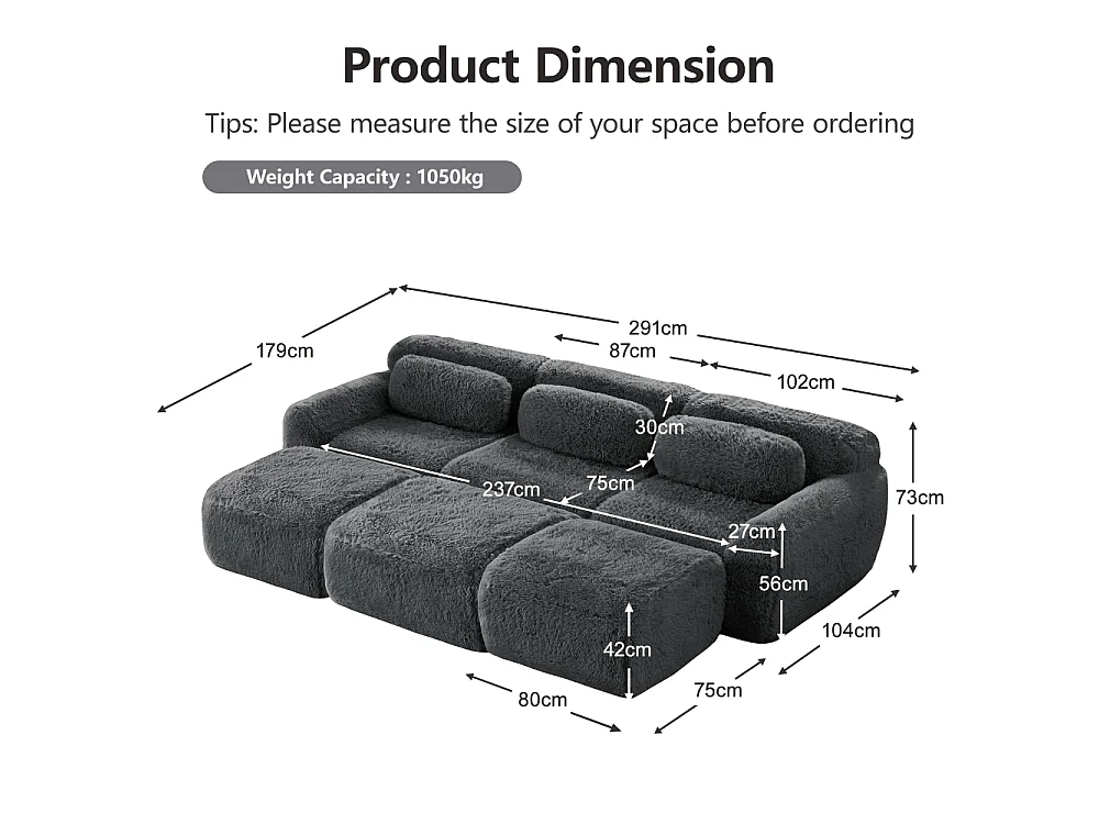 Cloud Sofa modulable peluche canapé sans cadre 3 places 3 ottomans sofa convertible lit tissu ultra doux mousse haute résilience salon confortable