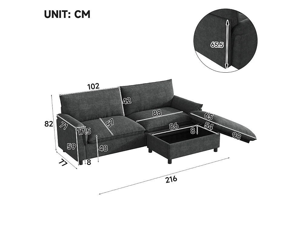 Canapé Cloud Modulable Chenille avec Pouf Mobile Rangement et Assise Profonde, 216*82*77cm