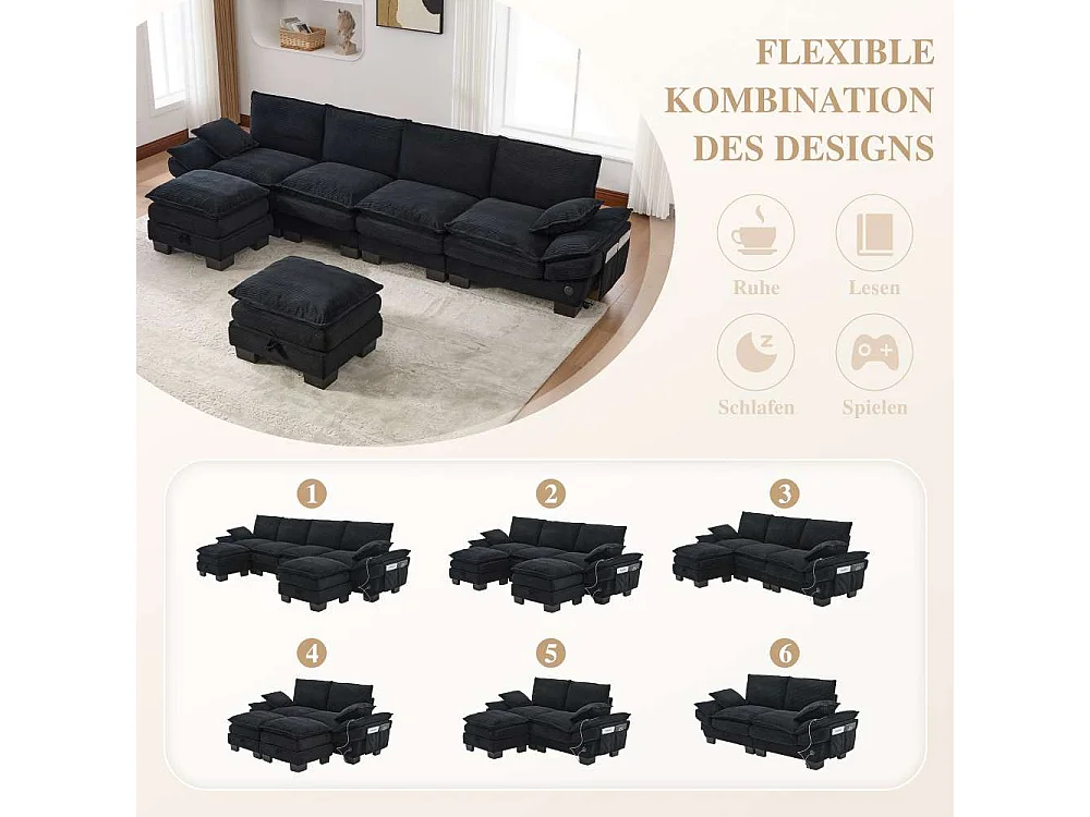 Canapé modulable 4 places avec 2 poufs – large assise ergonomique, mousse haute densité, USB-C intégré et poches latérales