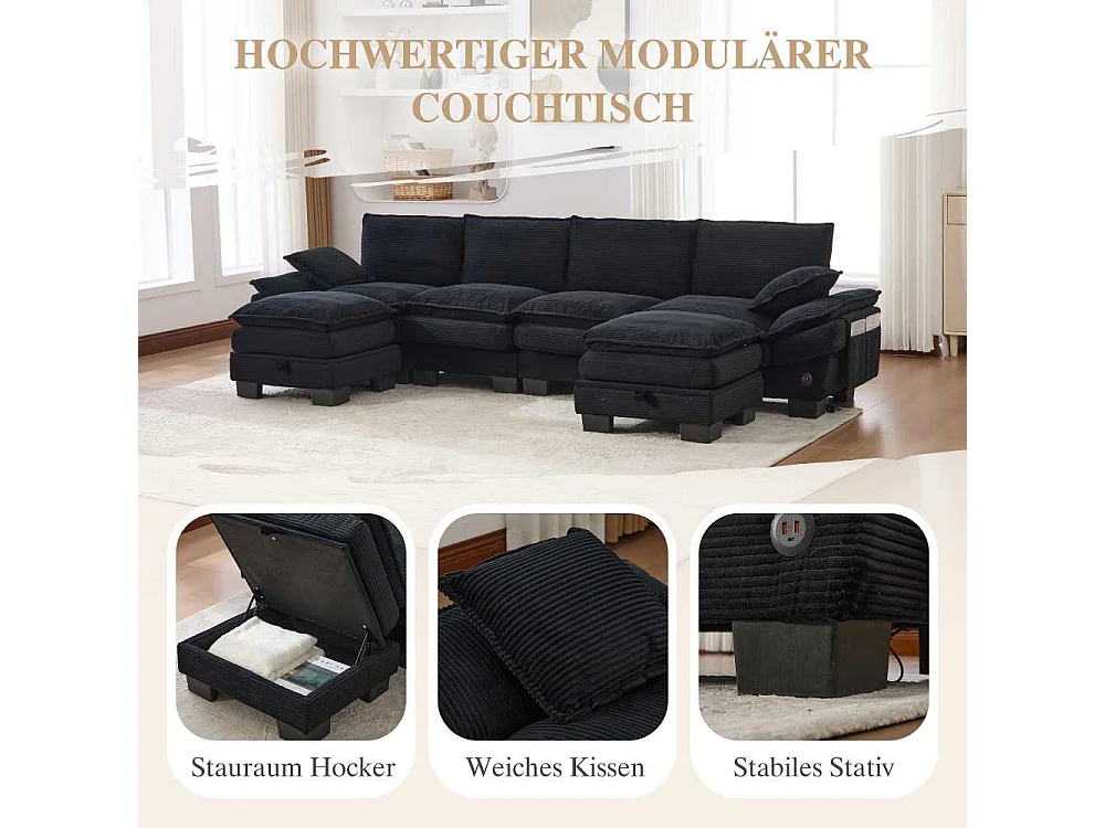 Canapé modulable 4 places avec 2 poufs – large assise ergonomique, mousse haute densité, USB-C intégré et poches latérales