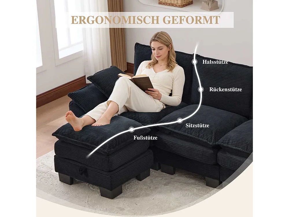 Canapé modulable 4 places avec 2 poufs – large assise ergonomique, mousse haute densité, USB-C intégré et poches latérales