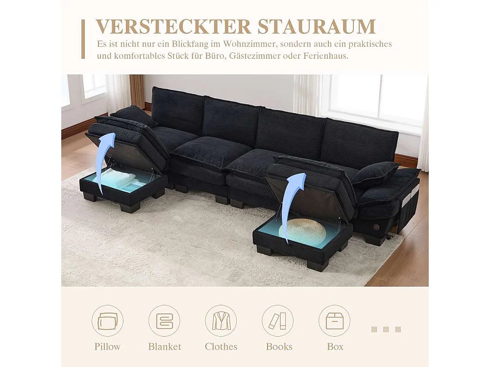 Canapé modulable 4 places avec 2 poufs – large assise ergonomique, mousse haute densité, USB-C intégré et poches latérales