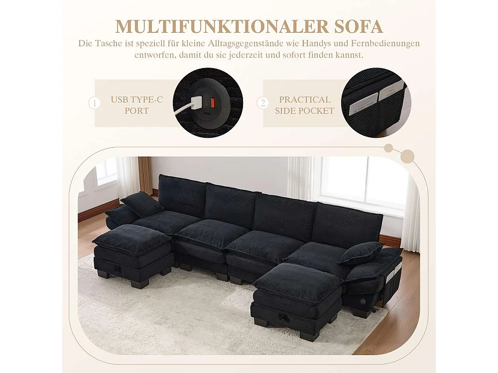 Canapé modulable 4 places avec 2 poufs – large assise ergonomique, mousse haute densité, USB-C intégré et poches latérales