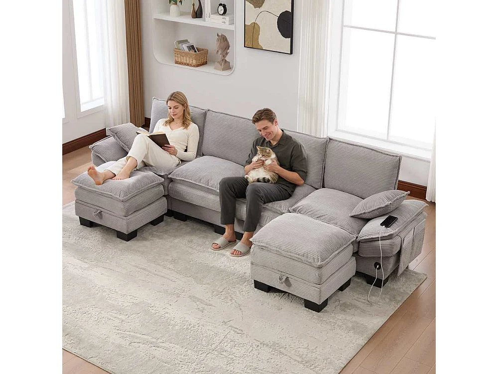 Canapé modulable 4 places avec 2 poufs – large assise ergonomique, mousse haute densité, USB-C intégré et poches latérales