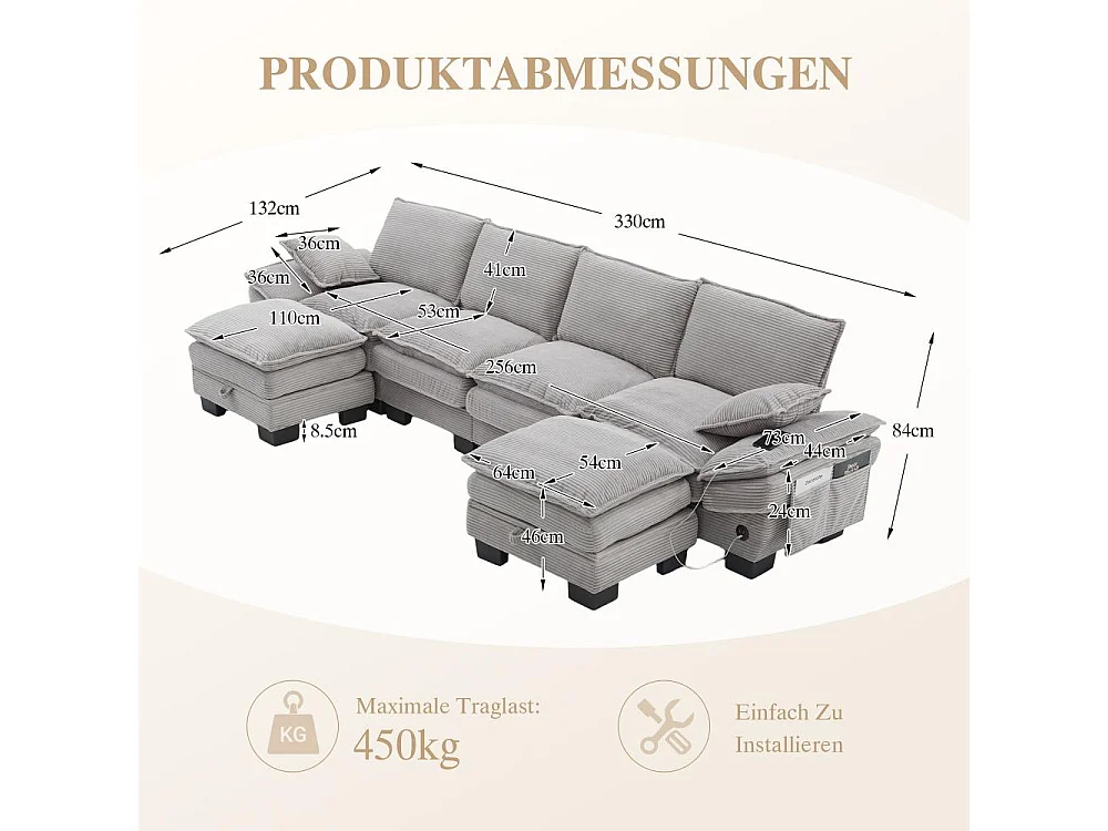 Canapé modulable 4 places avec 2 poufs – large assise ergonomique, mousse haute densité, USB-C intégré et poches latérales
