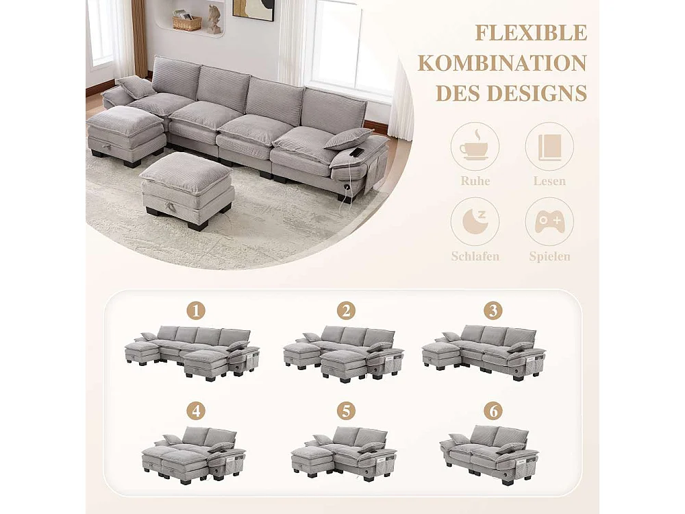 Canapé modulable 4 places avec 2 poufs – large assise ergonomique, mousse haute densité, USB-C intégré et poches latérales
