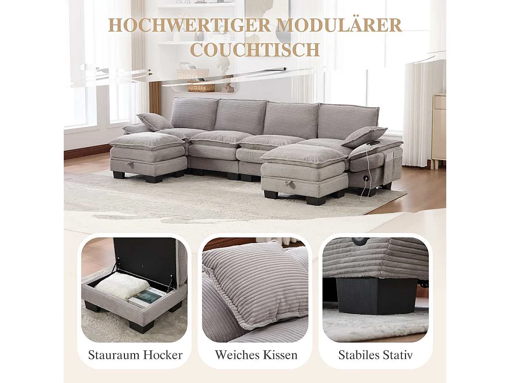 Canapé modulable 4 places avec 2 poufs – large assise ergonomique, mousse haute densité, USB-C intégré et poches latérales