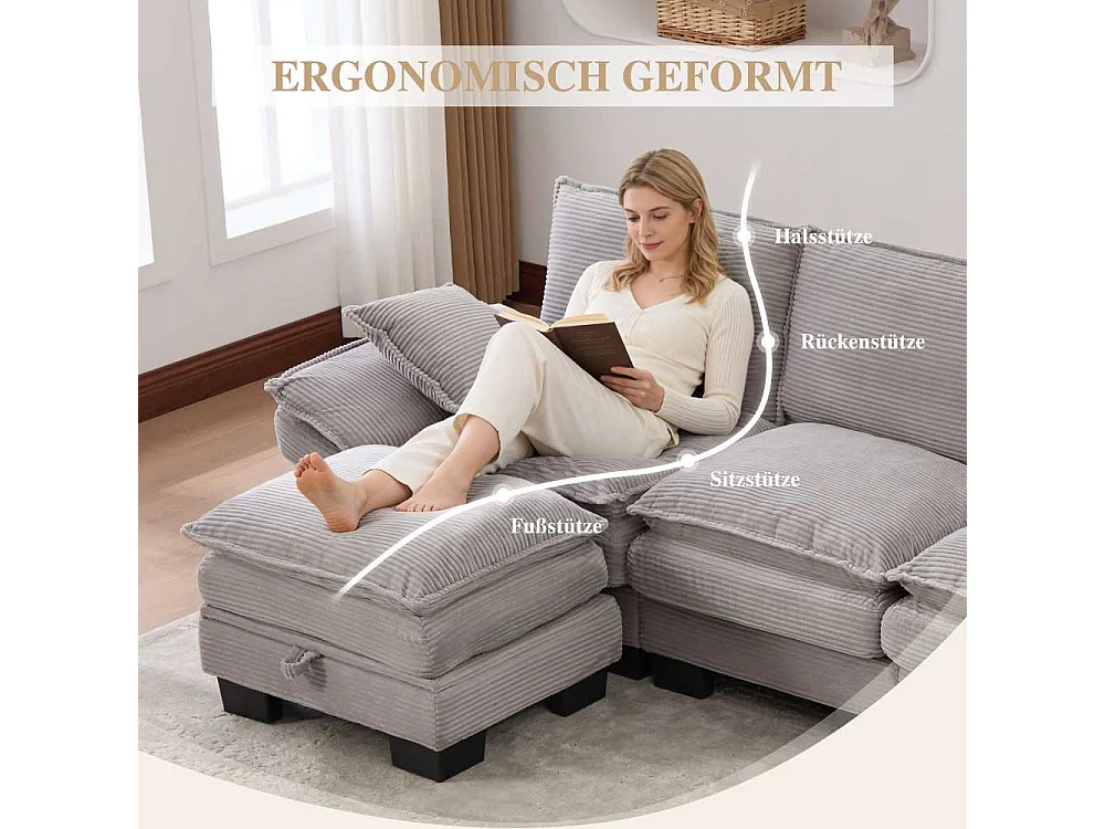Canapé modulable 4 places avec 2 poufs – large assise ergonomique, mousse haute densité, USB-C intégré et poches latérales