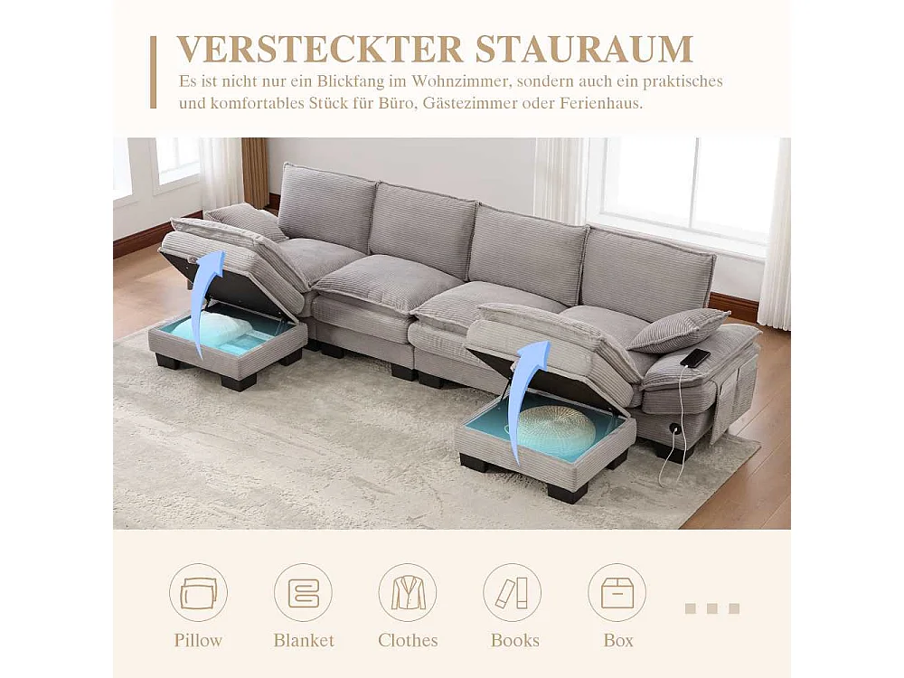 Canapé modulable 4 places avec 2 poufs – large assise ergonomique, mousse haute densité, USB-C intégré et poches latérales