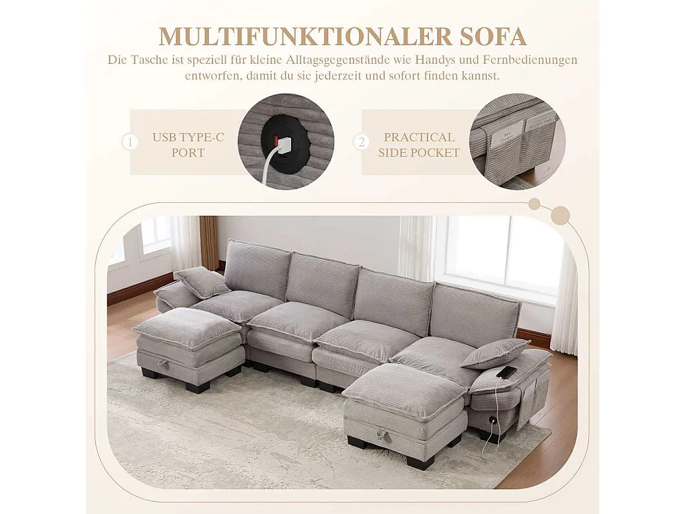 Canapé modulable 4 places avec 2 poufs – large assise ergonomique, mousse haute densité, USB-C intégré et poches latérales