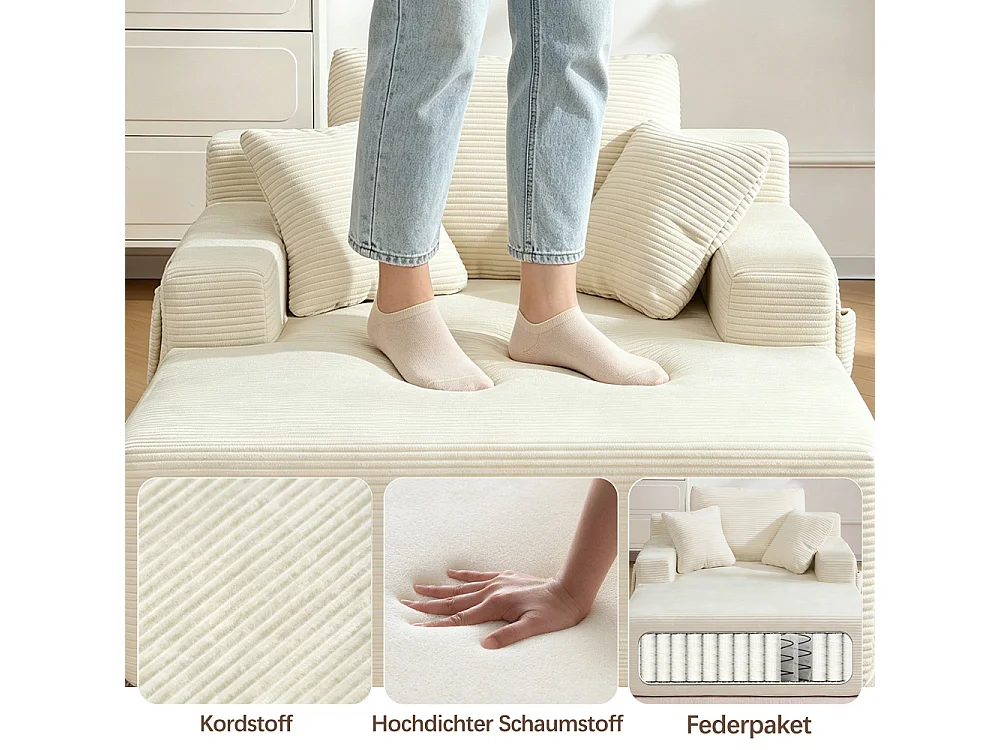 Cordsofa mit weichen Kissen, Seitentaschen, hochdichtem Schaumstoff und ohne Montage