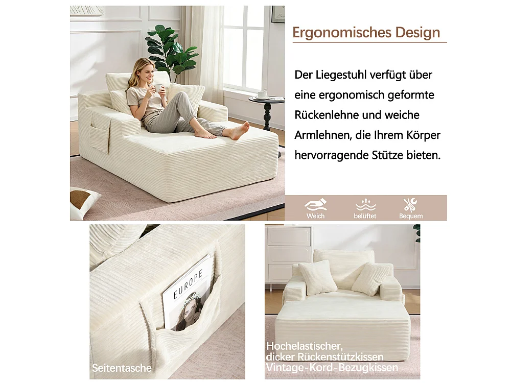 Cordsofa mit weichen Kissen, Seitentaschen, hochdichtem Schaumstoff und ohne Montage