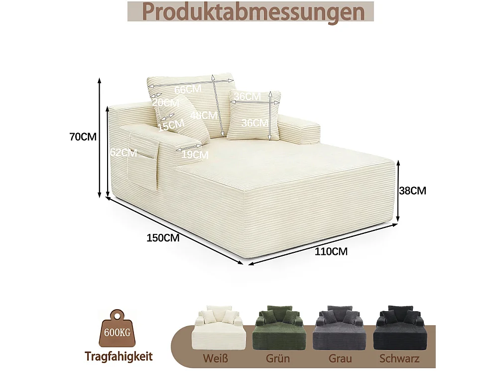 Cordsofa mit weichen Kissen, Seitentaschen, hochdichtem Schaumstoff und ohne Montage