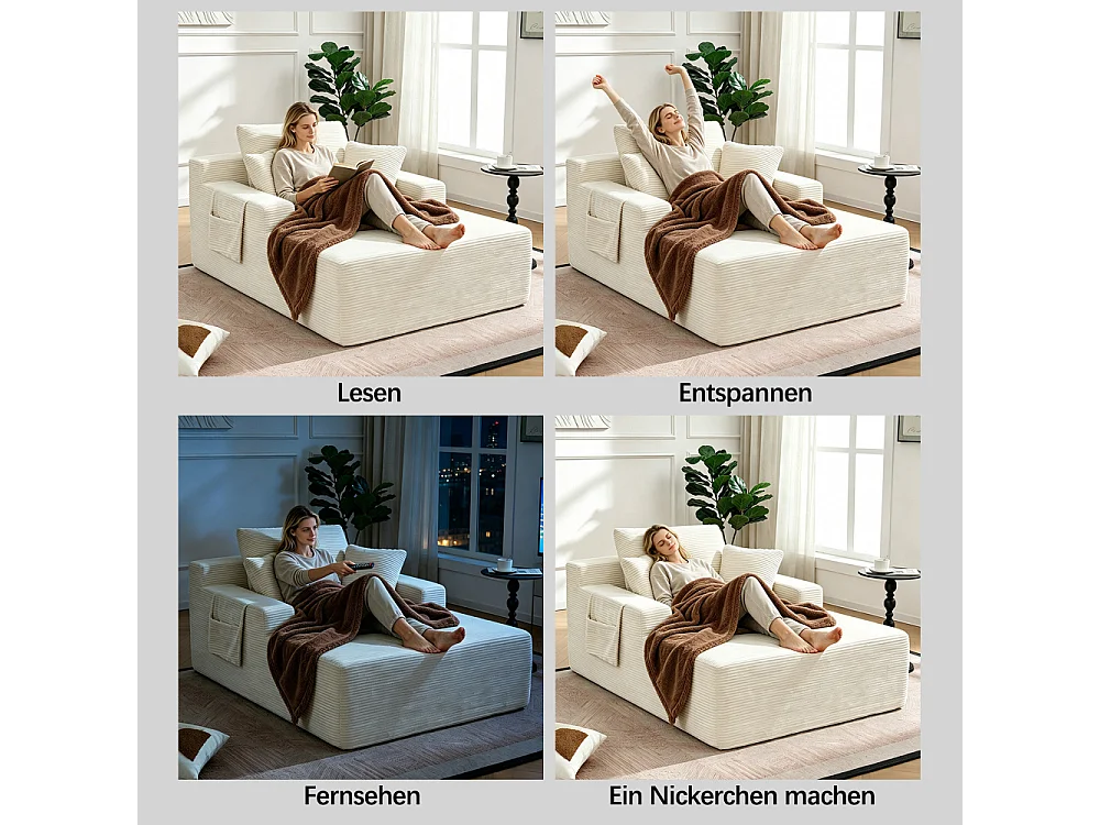 Cordsofa mit weichen Kissen, Seitentaschen, hochdichtem Schaumstoff und ohne Montage