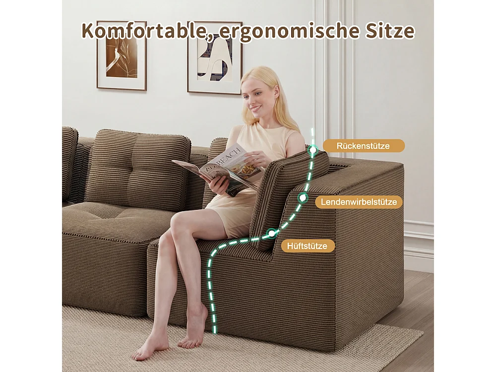 Modulaire zitbank zonder structuur in U-vormig corduroy met poef, diepe slaapbank zonder montage, antislip ontwerp
