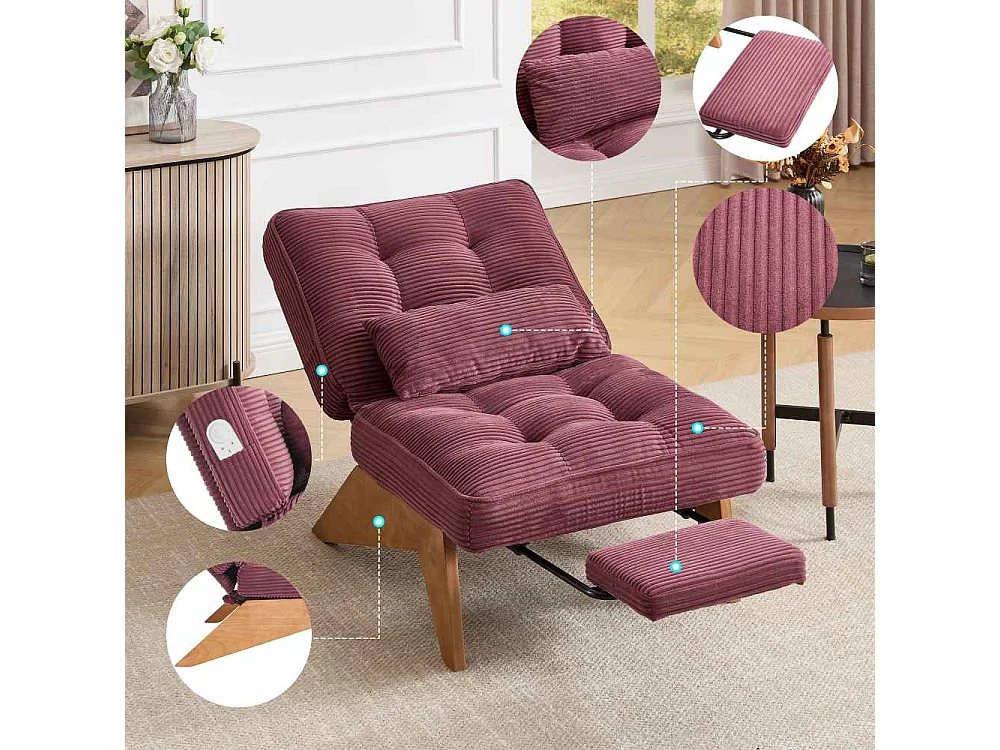 Fauteuil Lounge Réglable en Tissu avec Repose-Pieds, Coussin Lombaire et Pieds en Bois pour Salon, Chambre