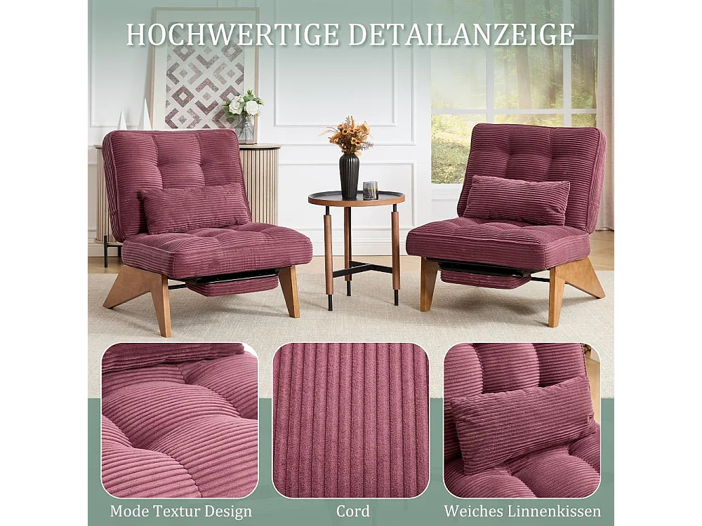 Fauteuil Lounge Réglable en Tissu avec Repose-Pieds, Coussin Lombaire et Pieds en Bois pour Salon, Chambre