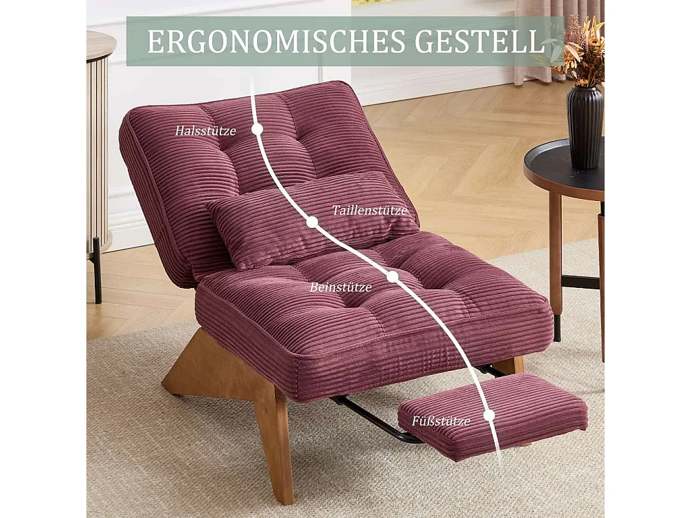 Fauteuil Lounge Réglable en Tissu avec Repose-Pieds, Coussin Lombaire et Pieds en Bois pour Salon, Chambre