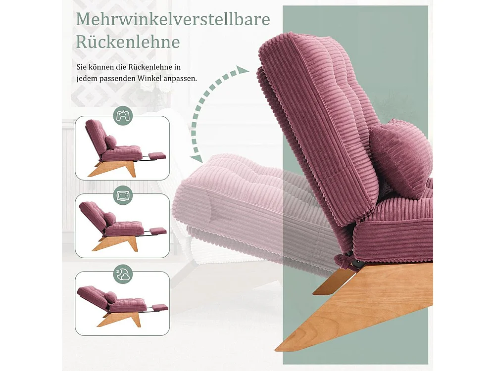 Fauteuil Lounge Réglable en Tissu avec Repose-Pieds, Coussin Lombaire et Pieds en Bois pour Salon, Chambre