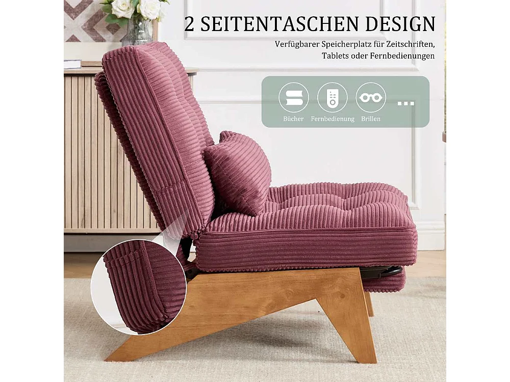 Fauteuil Lounge Réglable en Tissu avec Repose-Pieds, Coussin Lombaire et Pieds en Bois pour Salon, Chambre