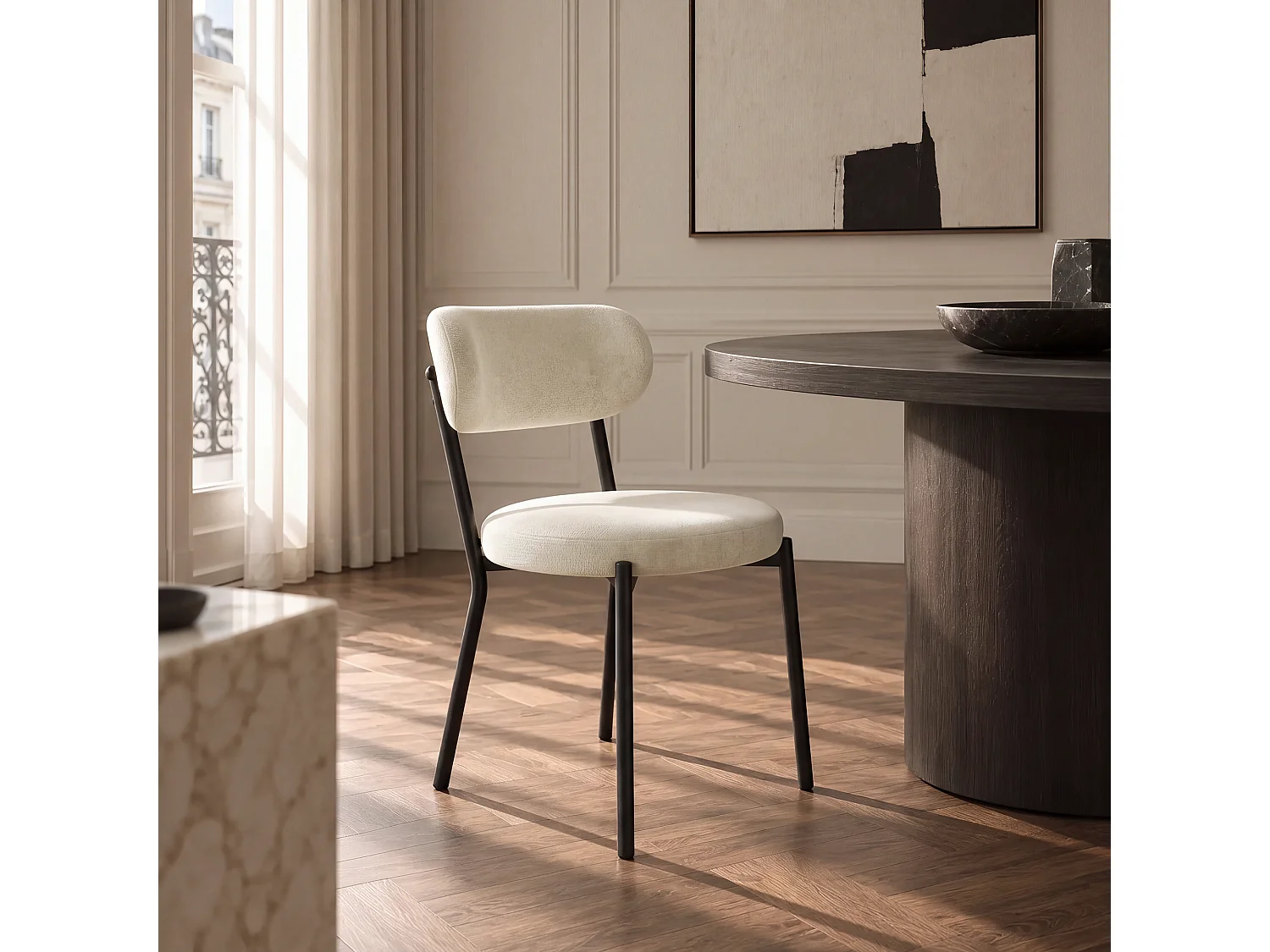 Lot de 2 chaises BAILEY en tissu tramé toucher doux crème