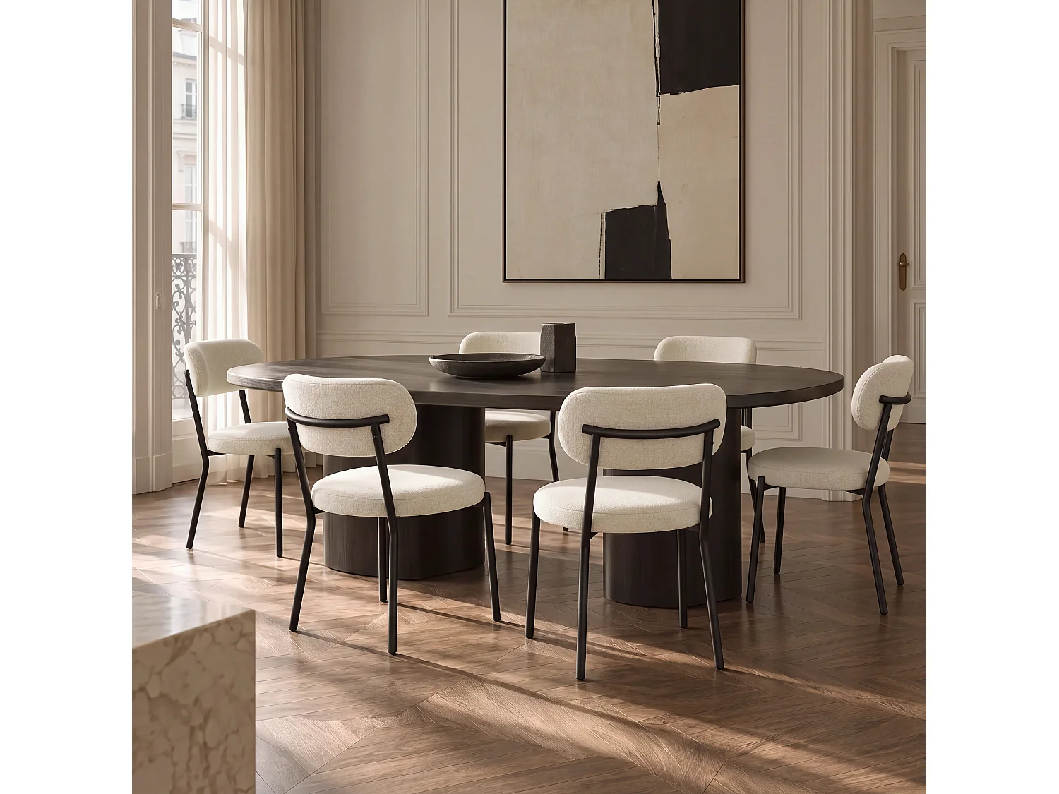 Lot de 2 chaises BAILEY en tissu tramé toucher doux crème