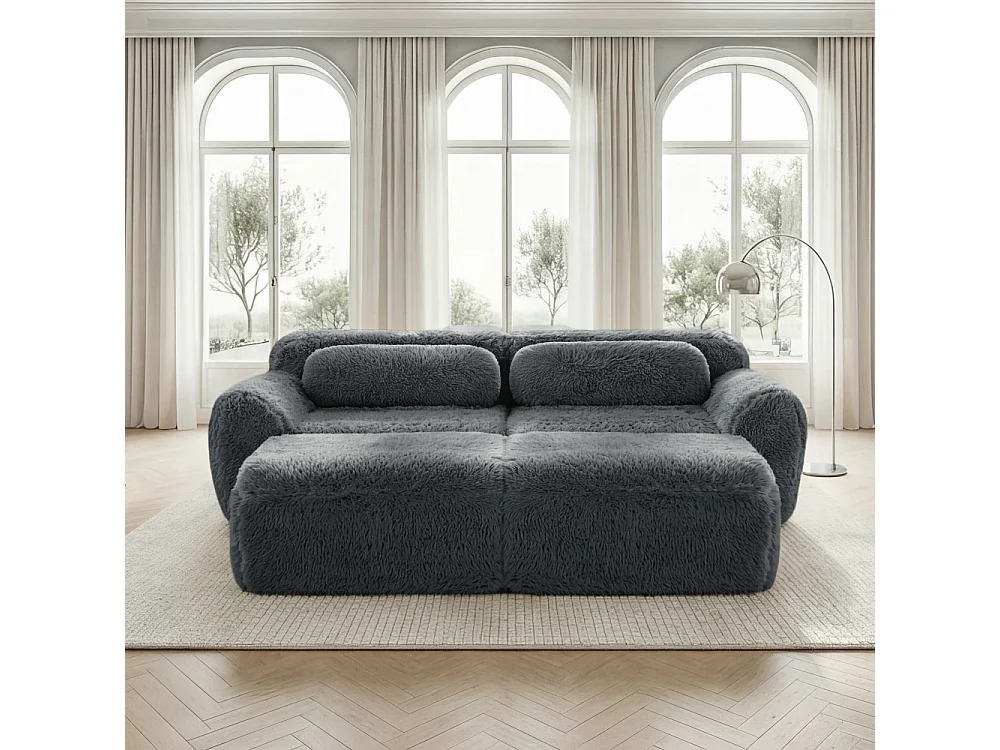 2-Sitzer-Modulsofa mit 2 Ottomanen, weicher Plüschstoff, 32D-Schaumstoff, kein Montagekomfort,