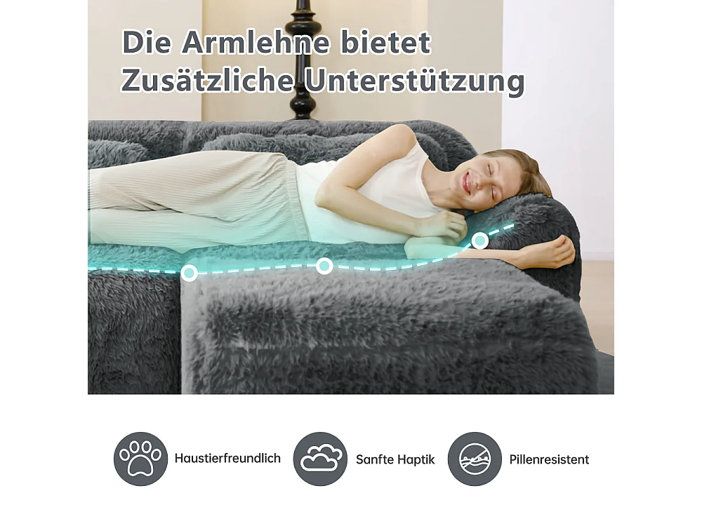 2-Sitzer-Modulsofa mit 2 Ottomanen, weicher Plüschstoff, 32D-Schaumstoff, kein Montagekomfort,