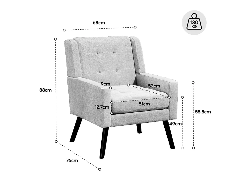 Fauteuil en cuir suédé à boutons – Siège Mid-Century avec mousse haute densité et pieds en bois massif pour salon et chambre