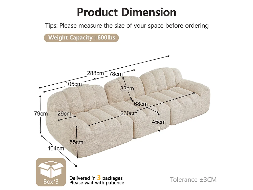 3-zits modulaire bank zonder structuur in 32D schuim met hoge dichtheid, XL Comfort Deep Seat