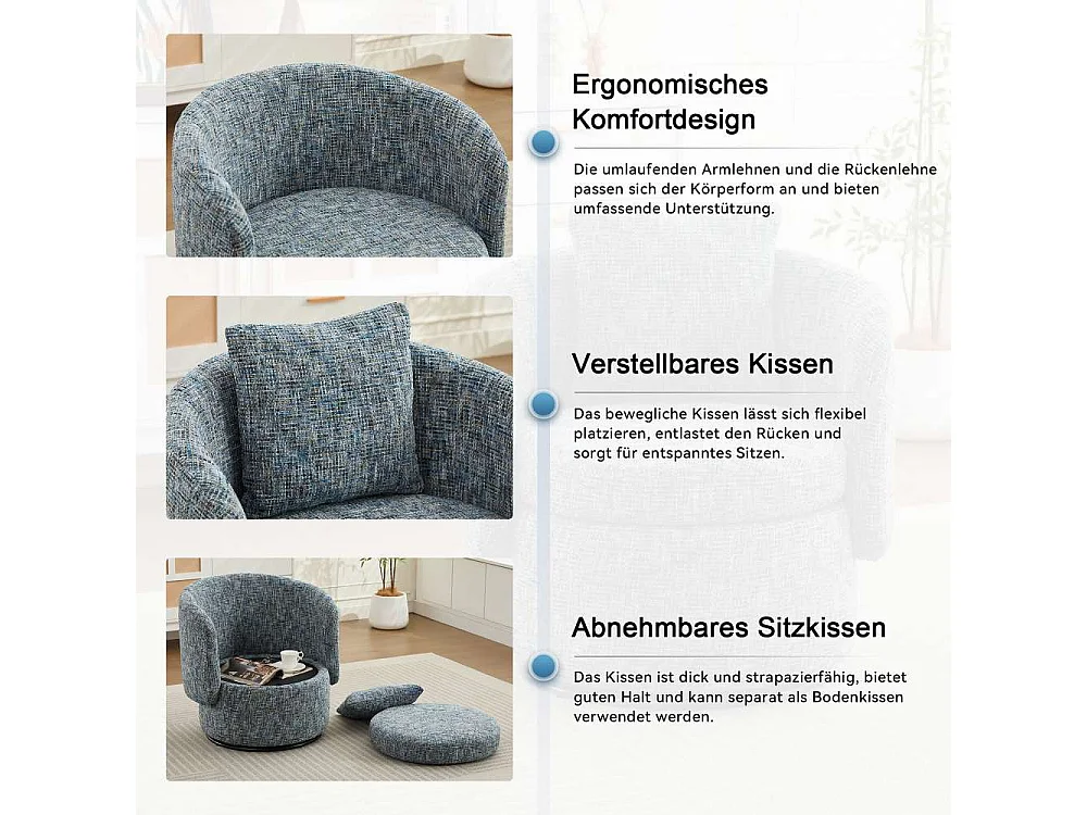 360°-Drehsessel mit verstecktem Stauraum, weichem Kissen, moderner Chenille-Sessel für Wohnzimmer, Schlafzimmer und Leseecke