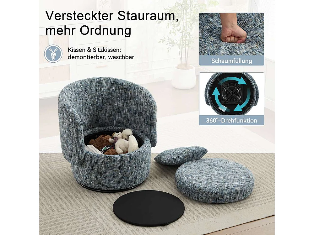 360°-Drehsessel mit verstecktem Stauraum, weichem Kissen, moderner Chenille-Sessel für Wohnzimmer, Schlafzimmer und Leseecke