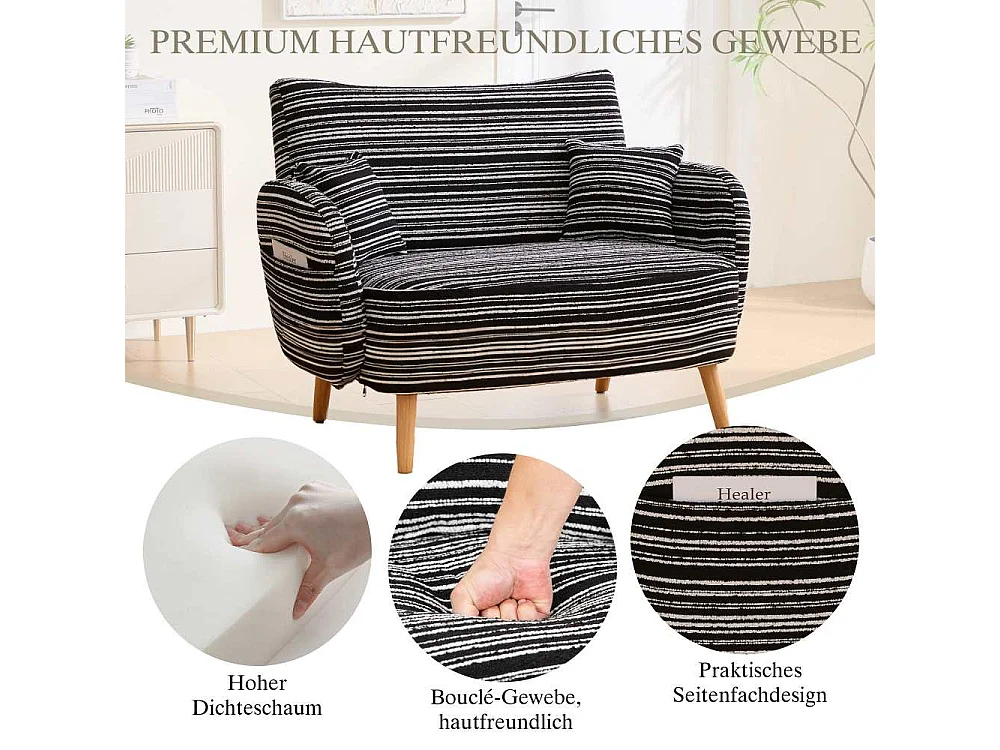 Canapé Moderne Deux Places Confortable avec Accoudoirs, Coussin et Poches Latérales pour Petits Espaces