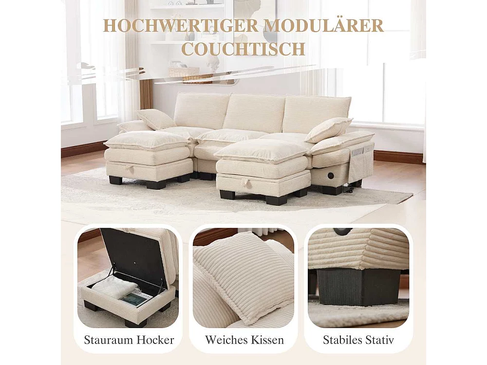 Sofá modular 3 plazas con 2 pufs – asiento amplio ergonómico, espuma alta densidad, USB-C integrado y bolsillos laterales