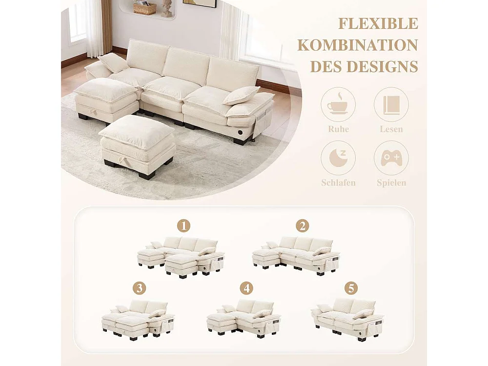 Sofá modular 3 plazas con 2 pufs – asiento amplio ergonómico, espuma alta densidad, USB-C integrado y bolsillos laterales