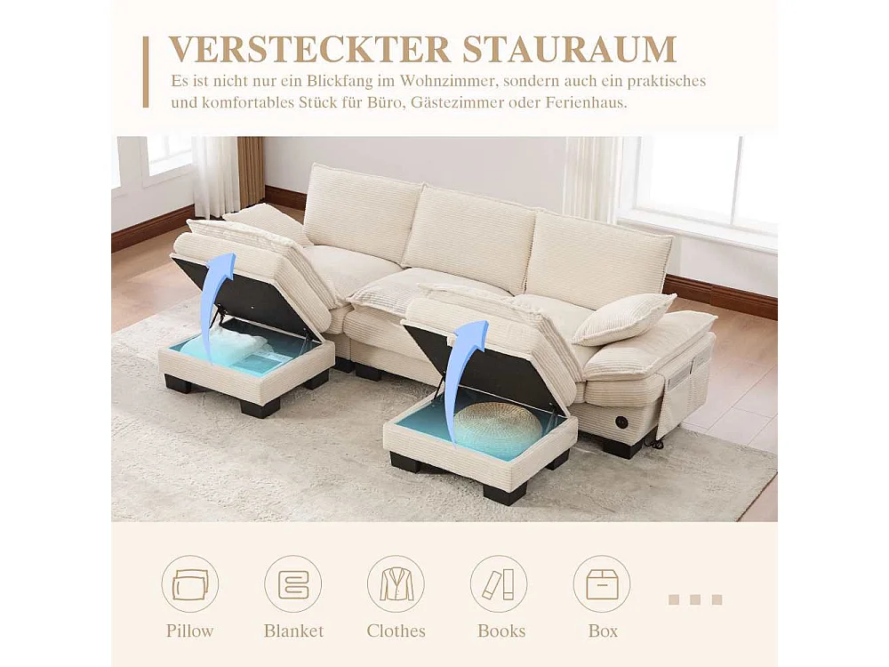 Sofá modular 3 plazas con 2 pufs – asiento amplio ergonómico, espuma alta densidad, USB-C integrado y bolsillos laterales