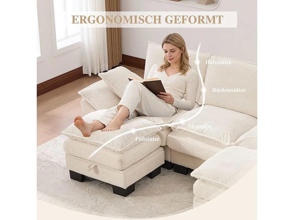 Sofá modular 3 plazas con 2 pufs – asiento amplio ergonómico, espuma alta densidad, USB-C integrado y bolsillos laterales