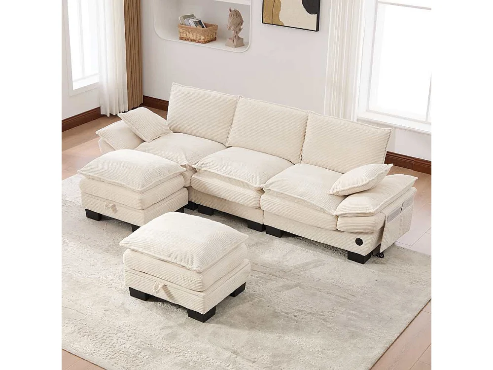 Sofá modular 3 plazas con 2 pufs – asiento amplio ergonómico, espuma alta densidad, USB-C integrado y bolsillos laterales