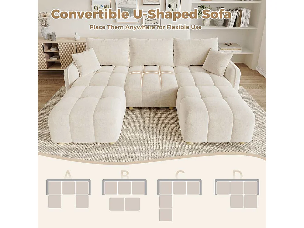 Sofà modulare angolare L/U 5 posti con 2 pouf, design comfort, ampi braccioli, per soggiorno, camera da letto, appartamento