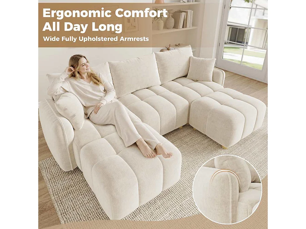 Sofà modulare angolare L/U 5 posti con 2 pouf, design comfort, ampi braccioli, per soggiorno, camera da letto, appartamento